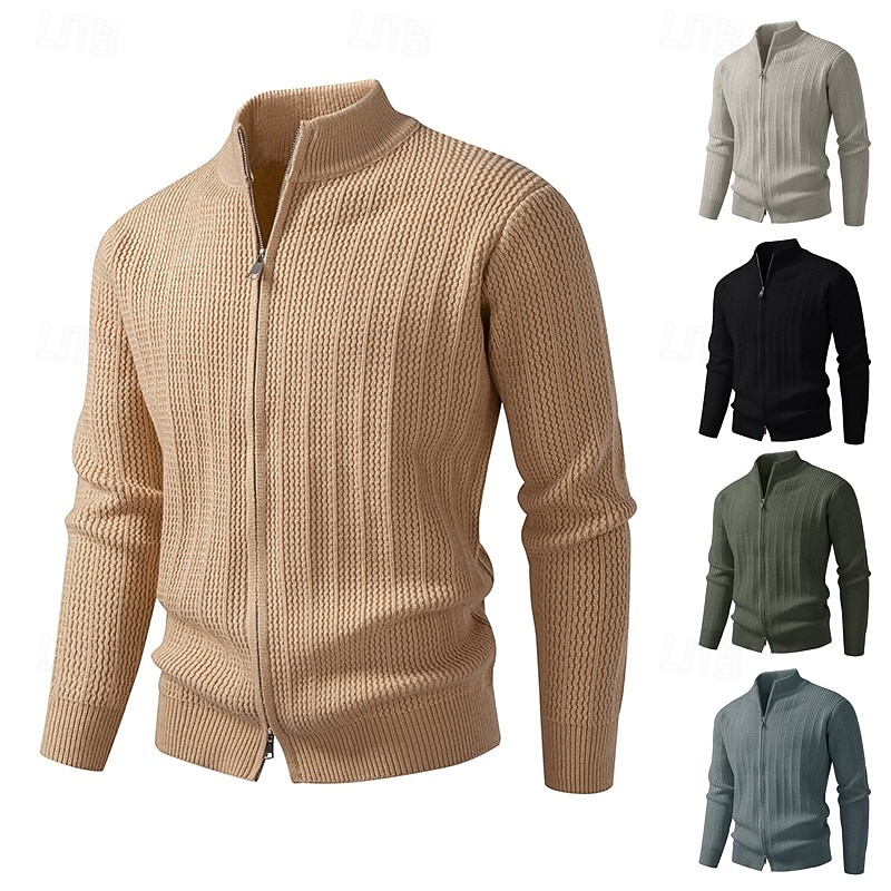 Men's Sweater Cardigan Sweater Ribbed Knit Regular Tops Knitted Solid Color Stand Collar Vacation Fashion Casual Daily Wear Clothing Apparel Spring &  Fall Black Green M L XL