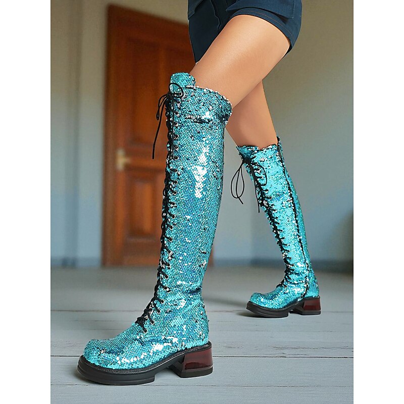Women's Turquoise Sequin Knee High Lace-Up Boots - Glitter Party Combat Style Footwear for Nightlife and Club Outfits2