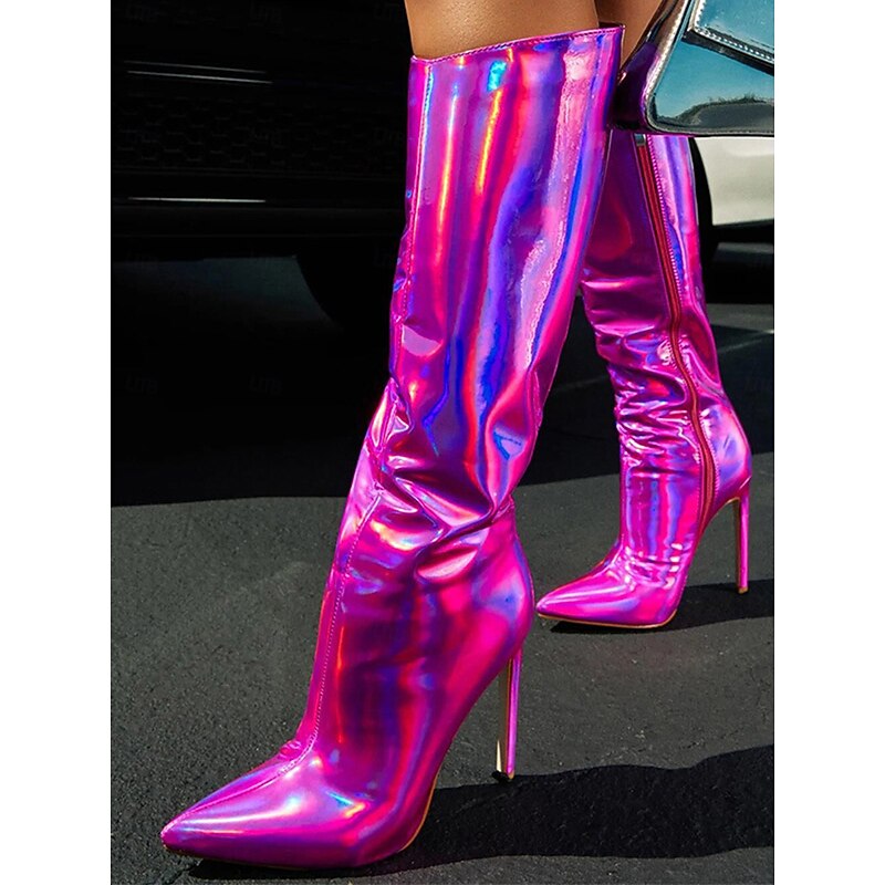 Women's Pink Holographic Knee High Boots - Shiny Pointed Toe Stiletto Heels for Nightlife & Club Party Outfits3