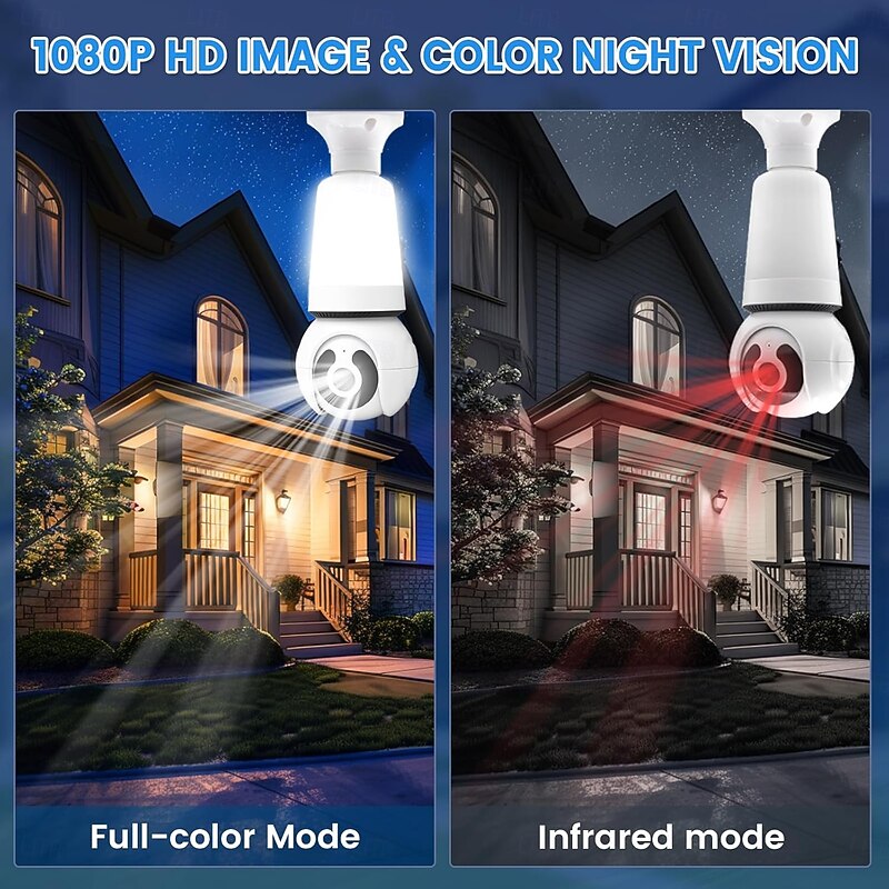 WiFi Light Bulb Security Camera Wireless Outdoor Indoor-2.4&5GHz Dual Band WiFi, 2K Full-Color Night Vision, 360 Pan-Tilt, Motion Detection, Two-Way Audio, Siren Alarm(TF cards not included)4