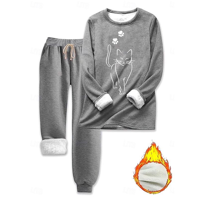 Women's Elegant Warm Fashion Two Piece Sets Tracksuit Pants Sets Long Sleeve Bishop Sleeve Crew Neck Round Neck Graphic Animal Cat Print Outdoor Vacation Casual Pink Blue Gray Spring Loose Fit3