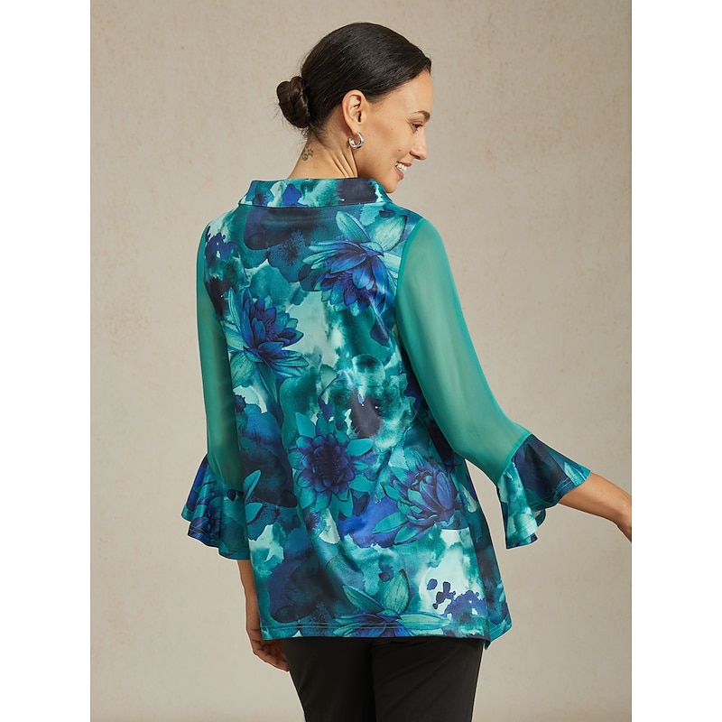 Women's Blouse Green Tie Dye Floral Stretch Knit Pullover Comfortable Fit Casual Vacation Spring Summer Fall2