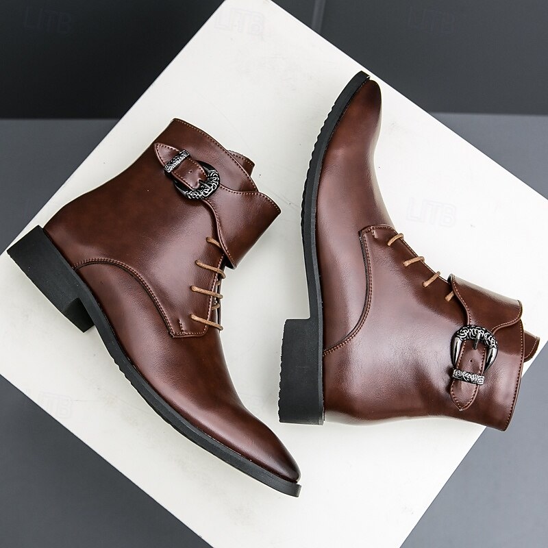 Men's Brown Faux Leather Ankle Boots with Buckle and Lace-Up Design, Stylish Footwear for Business Casual, Smart Casual and Evening Events4