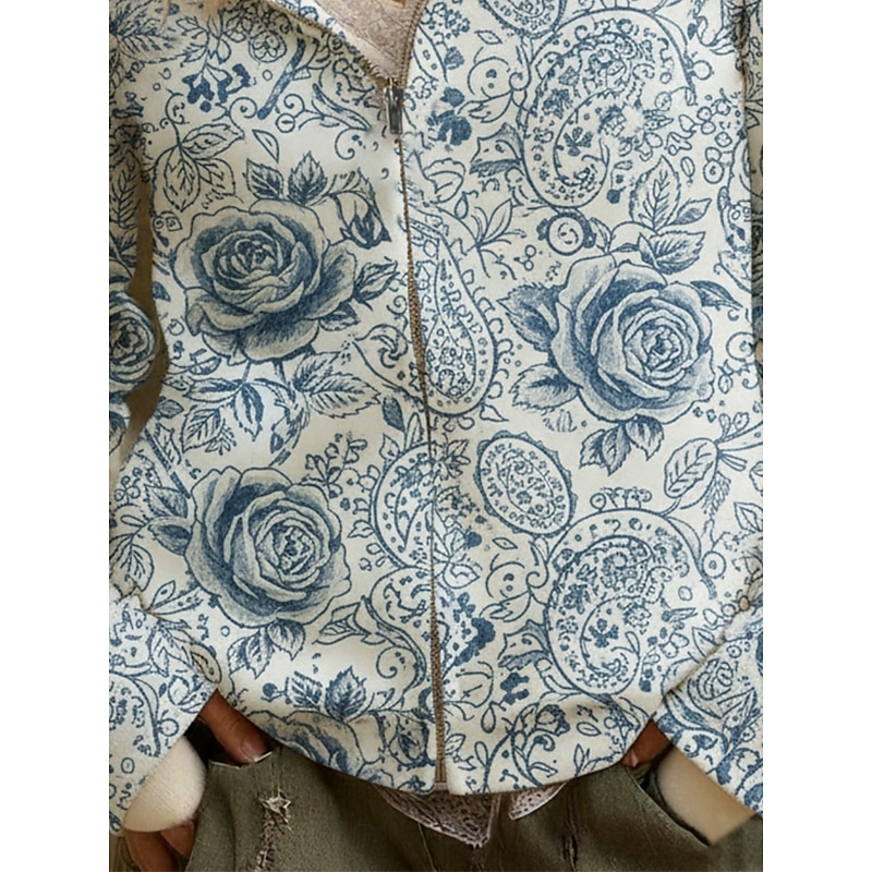 Women's Zip Up Hoodies Pullover Floral Fashion Streetwear Casual Long Sleeve Hooded Regular Tops Dailywear Casual Zipper Print Blue Spring Fall Winter3