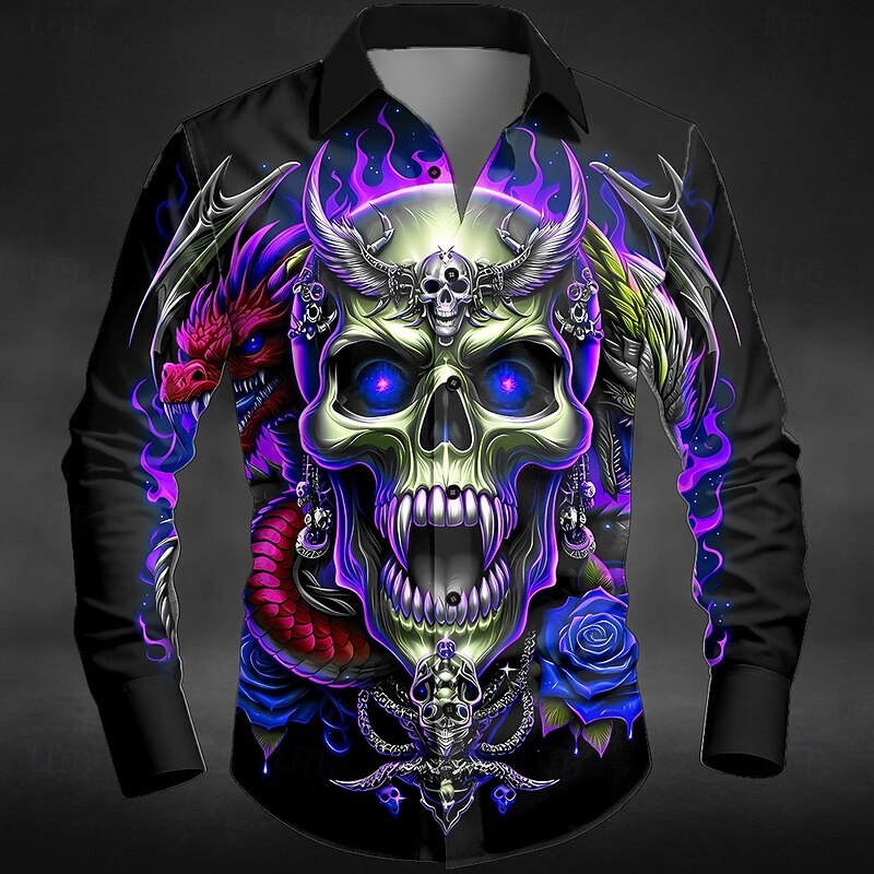 Halloween Men's Skull Hellfire Flames Horror Shirt Button Up Shirt Long Sleeve Dark Gothic Style Holiday Streetwear Spring Fall Turndown 3D Print Collared Shirts Black / Purple Black / Orange2