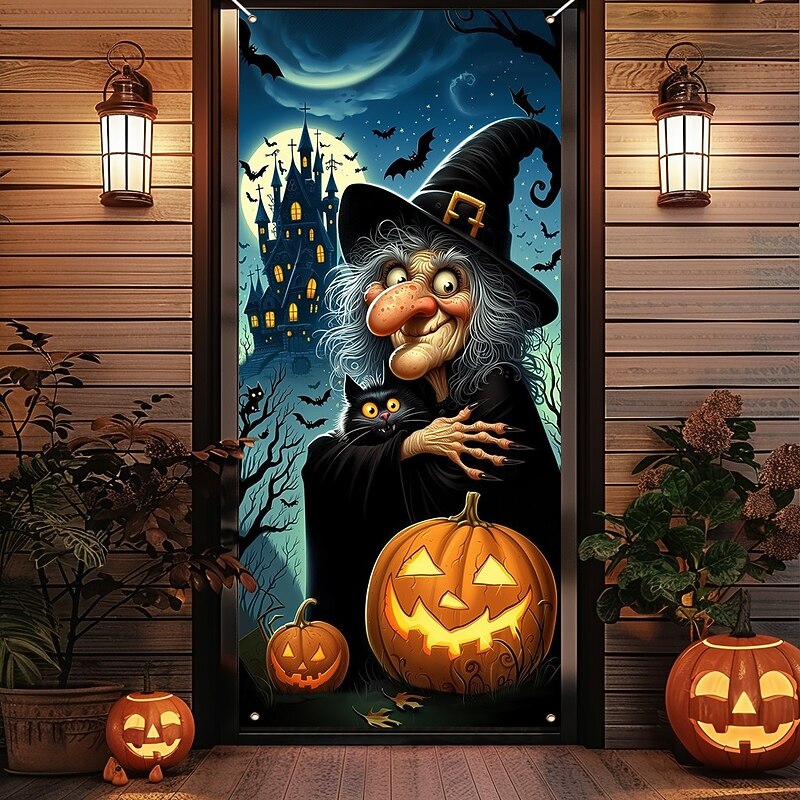 Halloween Door Covers Red Door Witch Breaking In Tapestry Door Curtain Decoration, Scary Horror Backdrop Door Banner for Front Door Indoor Outdoor Haunted House Party Decor2