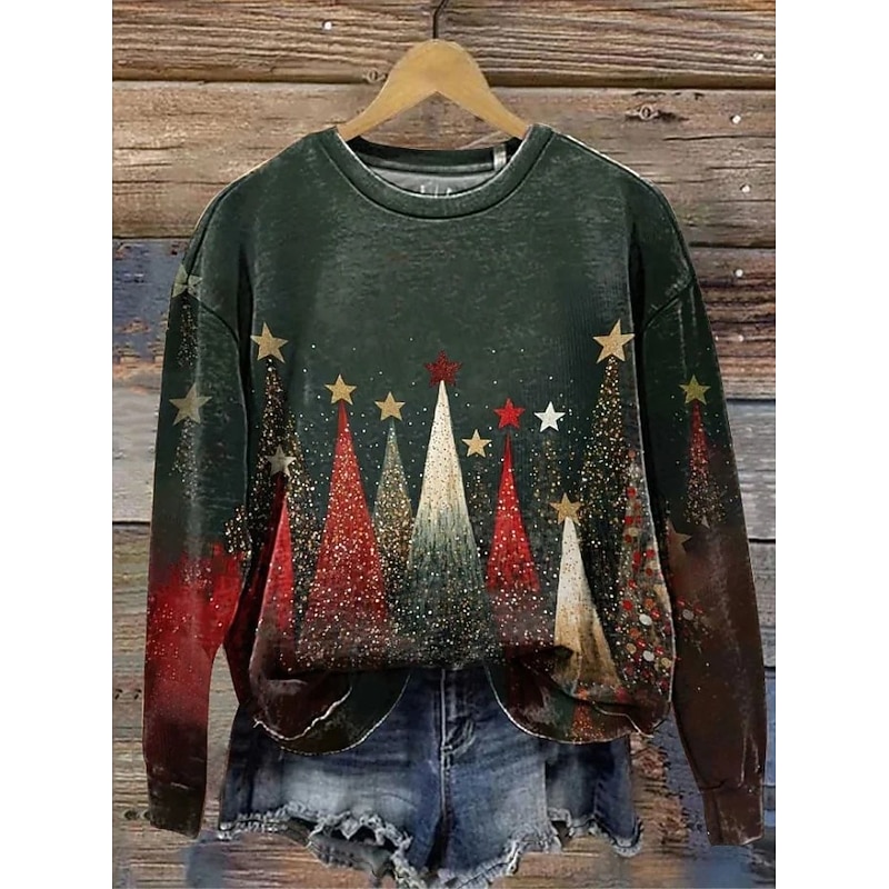 Women's Pullover Sweatshirt Christmas Tree Christmas Casual Long Sleeve Crew Neck Regular Tops Street Dailywear Casual Blue Green Dark Gray Fall Winter2