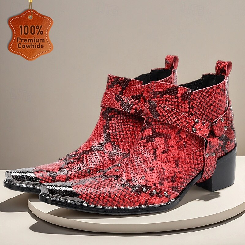 Men's Red Snake Print Leather Ankle Boots with Metal Toe and Buckled Strap – Rock Punk Western Cowboy Boots for Riders, Biker Style and Party Wear