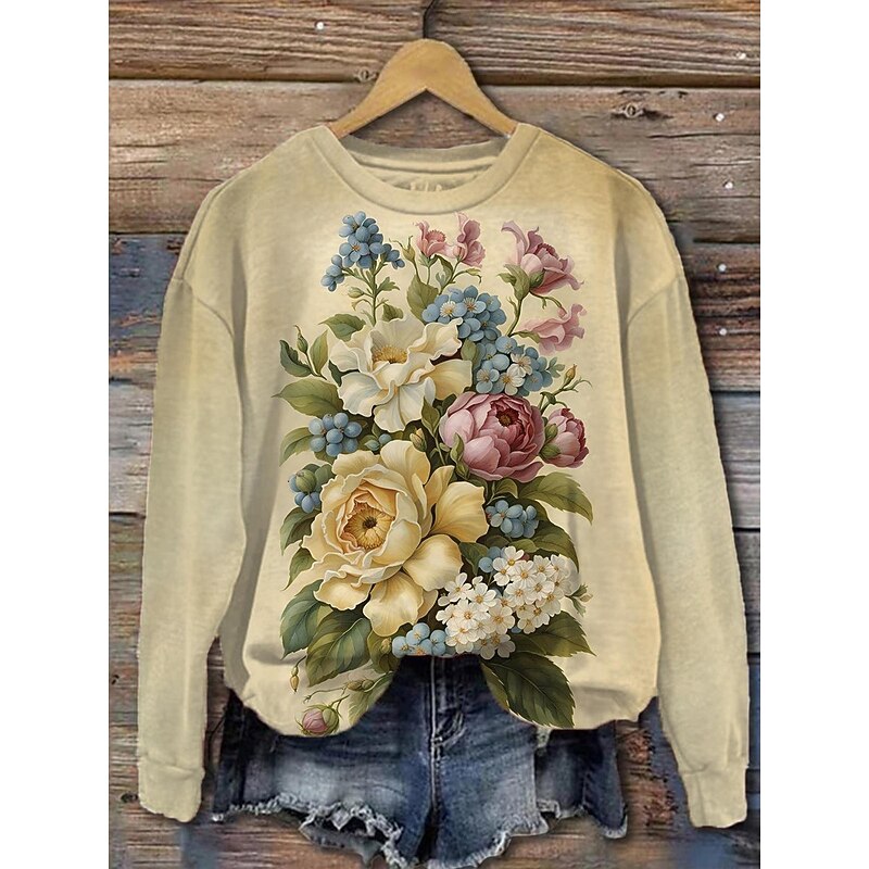 Women's Sweatshirts Floral Graphic Vintage Casual Long Sleeve Crew Neck Regular Tops Street Dailywear Casual Print Yellow Blue Purple Khaki Spring Fall Winter3