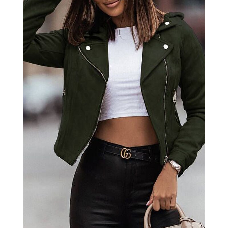 Women's Faux Leather Jacket Winter Coat Hoodie Jacket Warm Comfortable Zipper Pocket Casual Plain Outdoor Daily Wear Going out Weekend Short Turndown Regular Fit Long Sleeve Outerwear Black Pink Green4