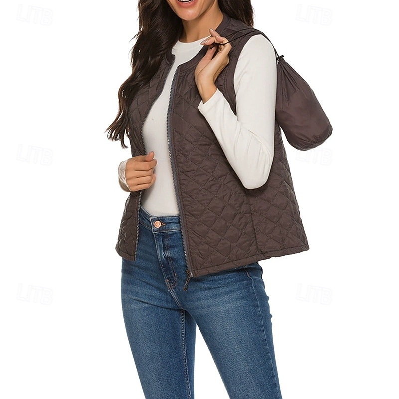 Women's Puffer Jacket Puffer Vest Quilted Jacket Waterproof Comfortable Zipper Pocket Casual Plain Vacation Street Casual Daily Wear Zipper Regular Collarless Regular Fit Sleeveless Outerwear Black