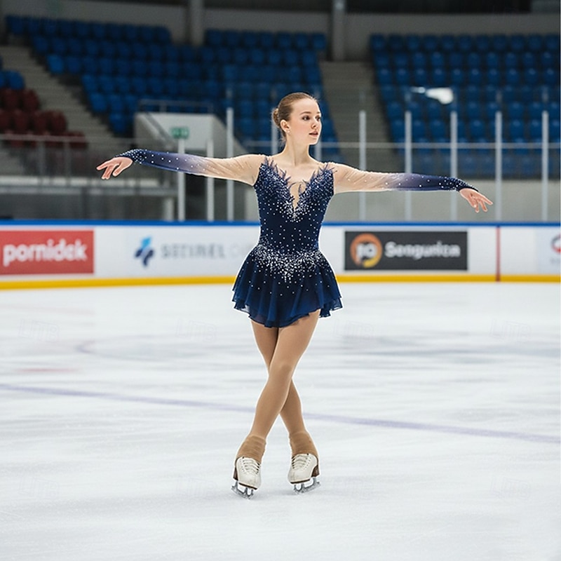 Figure Skating Dress Women's Girls' Ice Skating Dress Navy Blue Open Back Asymmetric Hem Mesh High Elasticity Training Competition Skating Wear Classic Crystal / Rhinestone Long Sleeve Ice Skating Figure