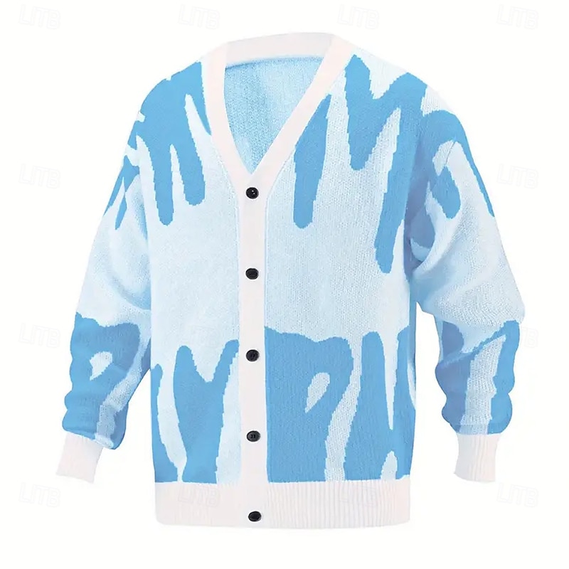 Men's Color Block Cardigan Sweater V Neck Casual School Vacation Daily 3D Print Keep Warm Long Sleeve Spring Fall Winter Black Blue Sky Blue3