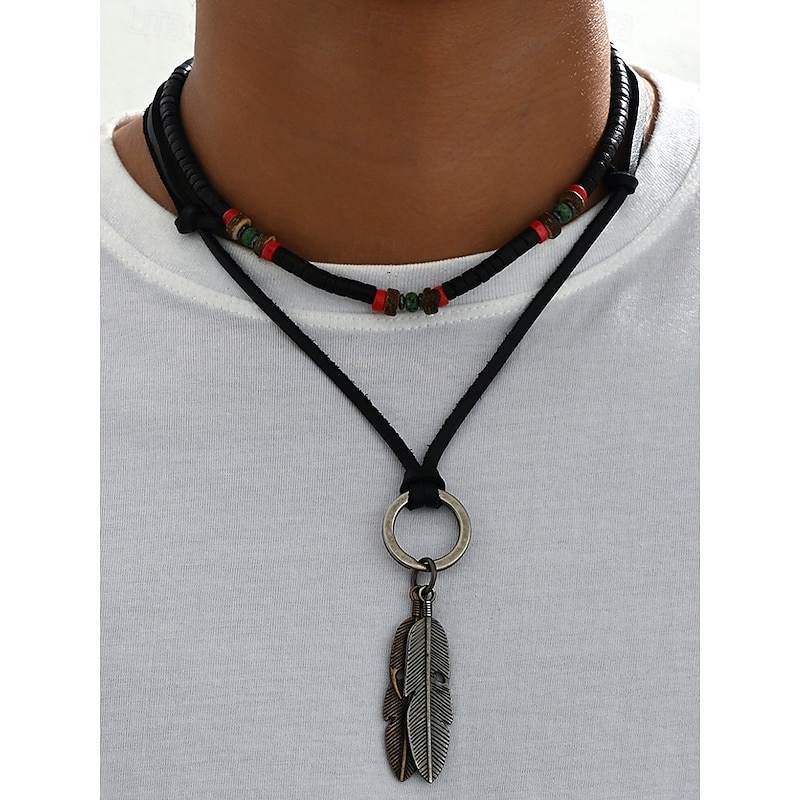 Men's Layered Feather Pendant Necklace, Adjustable Alloy Tribal Boho Choker Jewelry for Parties, Festivals and Casual Wear4