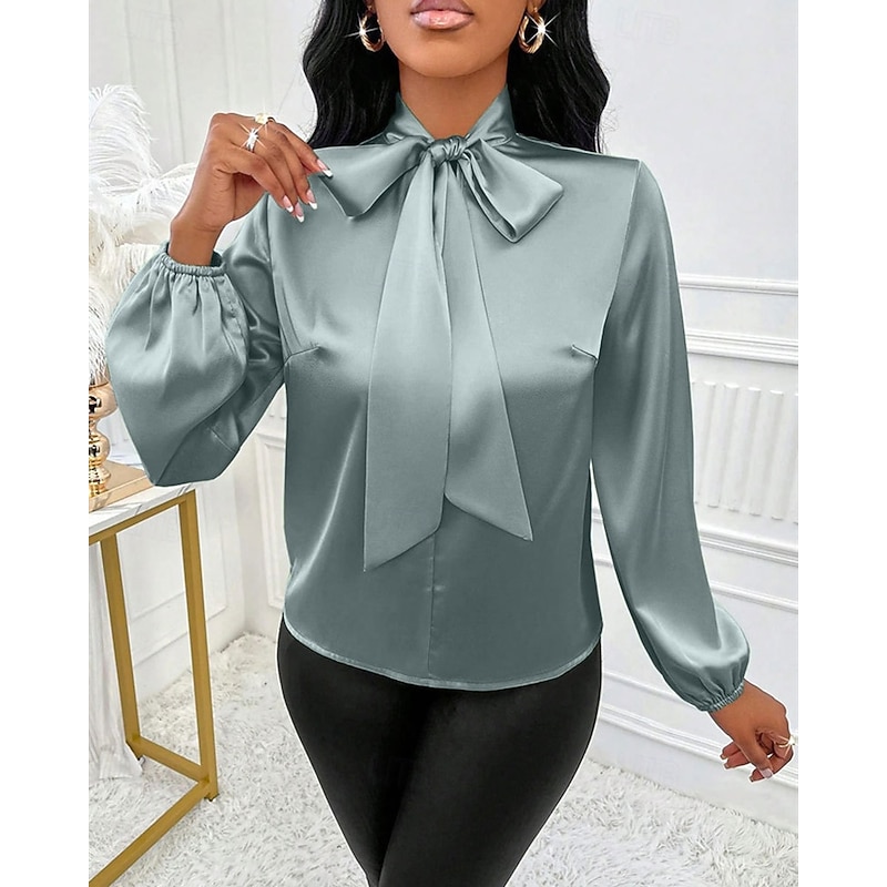 Women's Shirt Elegant Dressy Satin Plain Elegant Stylish Basic Long Sleeve Tie Neck Regular Tops Daily Going out Bow Green Spring Fall2