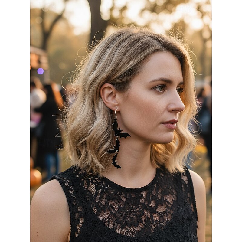 Women's Halloween Bat Drop Earrings – Black Acrylic Long Dangle Earrings, Gothic Punk Style Jewelry for Women, Costume Party and Nightclub Accessories2