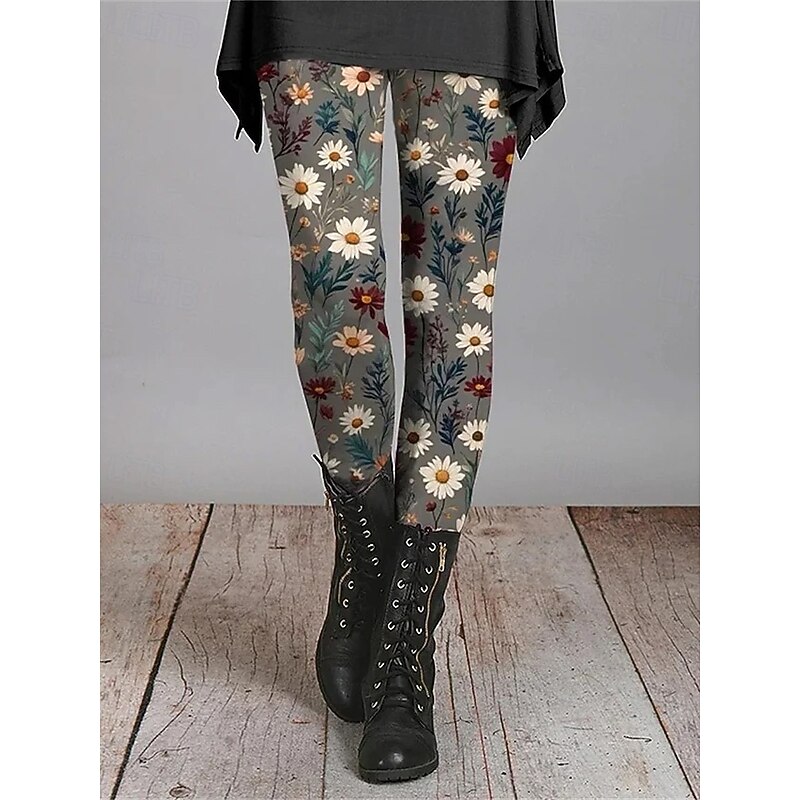 Women's Chinos Leggings Cozy Leggings Vacation Casual Full Length High Waist Floral Printing Thermal Warm Comfortable Stretchy Vacation Casual Daily Black Yellow Orange Brown Fall Winter Slim Fit4