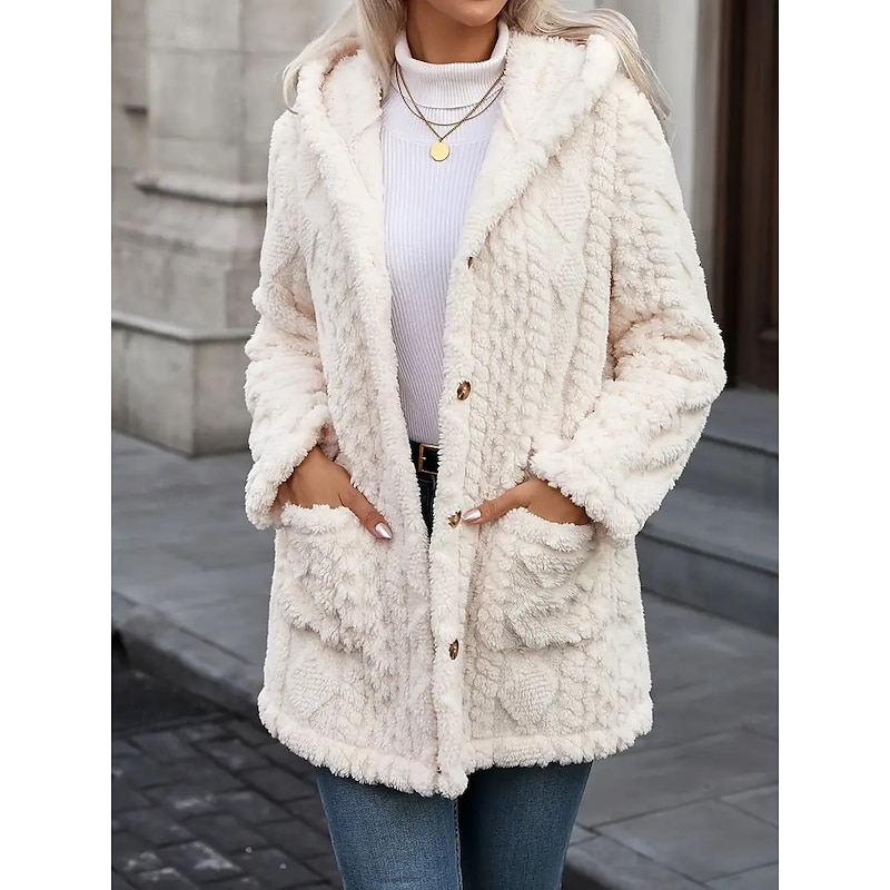 Women's Sherpa Jacket Comfortable Breathable Jacquard Buttons Elegant Casual Plain Vacation Street Casual Daily Wear Single Breasted Long Hooded Regular Fit Long Sleeve Outerwear Beige Spring Fall