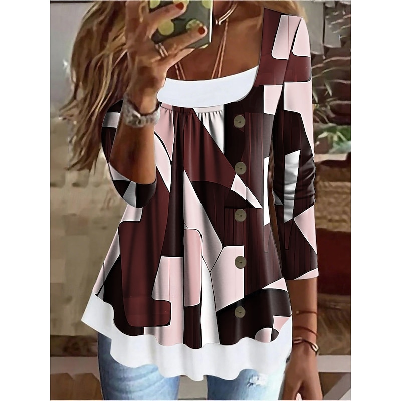 Women's T Shirt Graphic Geometric Vintage Stylish Classic Long Sleeve Square Neck Regular Tops Daily Weekend Patchwork Buttons Print Black Red Blue Green Spring Fall Winter2