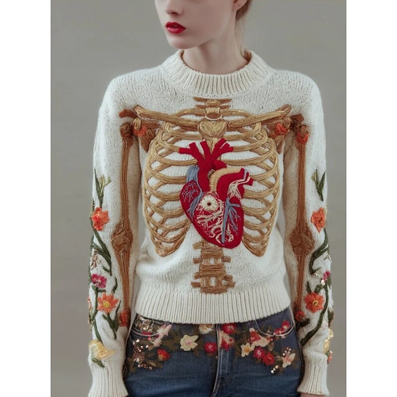 Halloween Women's Sweater Skeleton  Cute Streetwear Casual Graphic Skeleton Crew Neck Knitted Long Sleeve Regular Tops KnitWhite Pink Fall Winter2