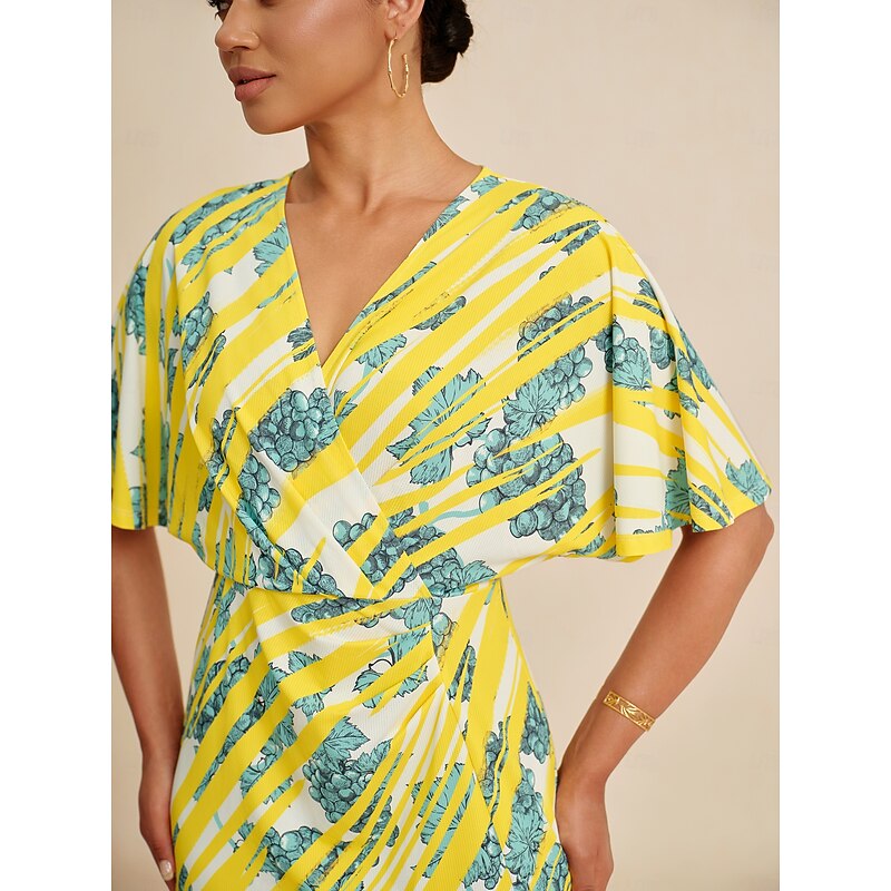 Women's Midi Dress Batwing Sleeve Stretch Bold Print Elegant Versatile Casual Daily Spring Summer Fall3