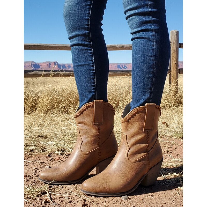 Men's Vintage Brown Faux Leather Ankle Western Boots - Distressed Finish with Braided Details, Comfortable Block Heel for Casual and Outdoor Wear4