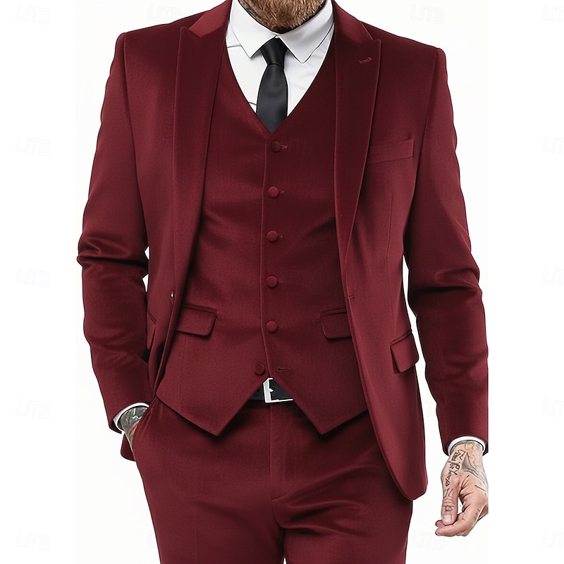 Men's Wedding Party Business Velvet Suits Peaked Lapel Burgundy Dark Green Formal Solid Colored Slim Fit 3 Piece Single Breasted One-button2