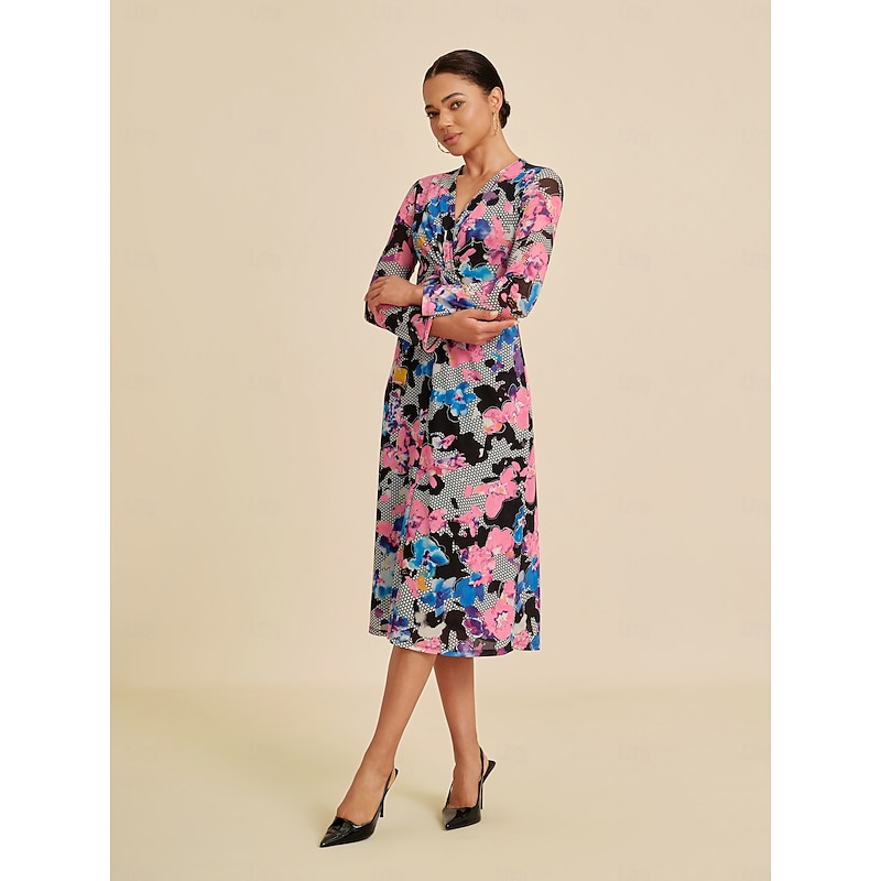 Women's Female Sheath Dress Print Dress Midi Dress Rainbow Long Sleeve Summer Spring V Neck Modern S M L2