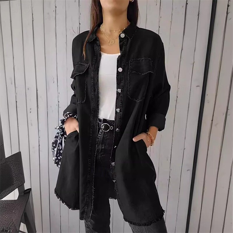 Women's Shirt Jacket Casual Jacket Denim Jacket Comfortable Breathable Pocket Fashion Casual Plain Vacation Street Casual Daily Wear Single Breasted Long Turndown Regular Fit Long Sleeve Outerwear2