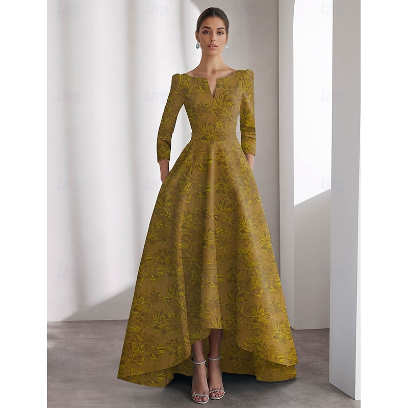 A-Line Evening Gown Elegant Formal Dress Formal Wedding Floor Length 3/4 Length Sleeve V Neck Pocket Nylon with Floral Print Ruched 2025