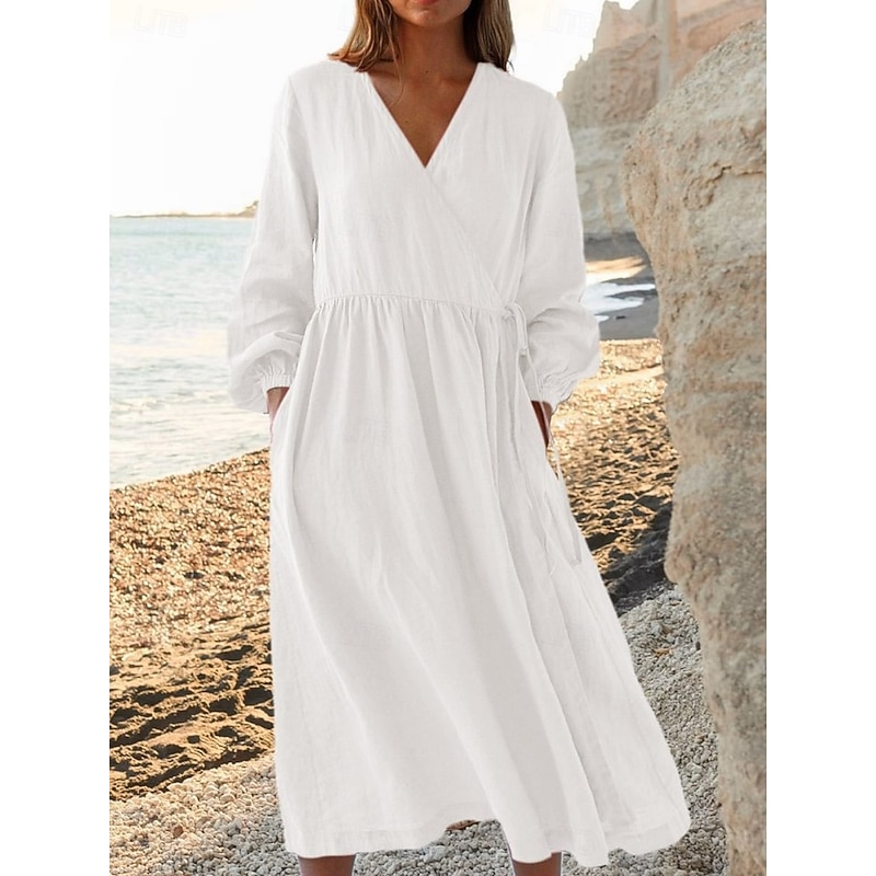 Women's Midi Dress A Line Dress Casual Daily Loose Fit Plain Long Sleeve V Neck Black White Yellow Red Summer Spring Fall