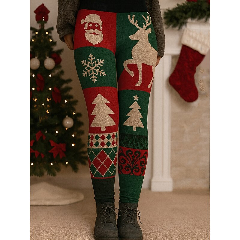 Women's Leggings Vacation Vintage Ethnic Style Full Length High WaistPantsUgly Christmas Graphic Tree Santa Claus 3D Print Novelty Quick Dry Breathability Soft Stretchy Formal Outdoor Vacation claret3