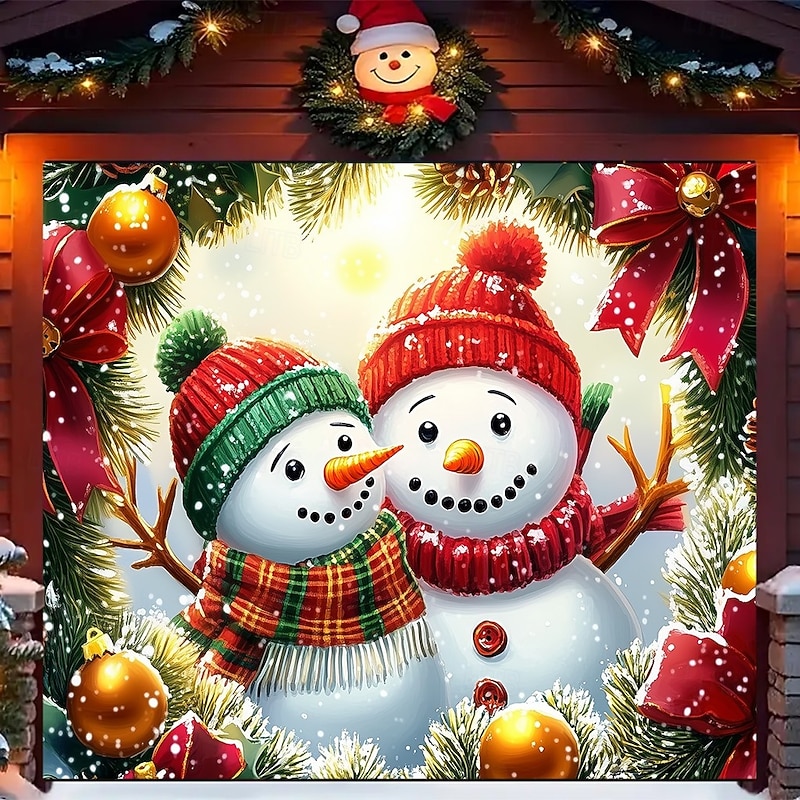 Christmas Outdoor Garage Door Cover Snowman Brothers Santa Hat Christmas Wreath Christmas Tree Large Tapestry Backdrop Holiday Party Wall Decoration For Outdoor Garage Door Home Festival Celebration D2