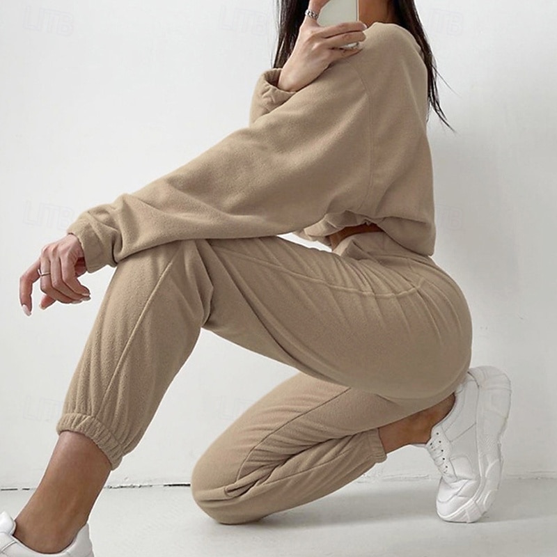 Women's Fashion Streetwear Pants Sets Bolero Top Sweatshirt Long Sleeve Stand Collar Solid Color Zipper Outdoor Work Casual Khaki Spring Regular Fit3