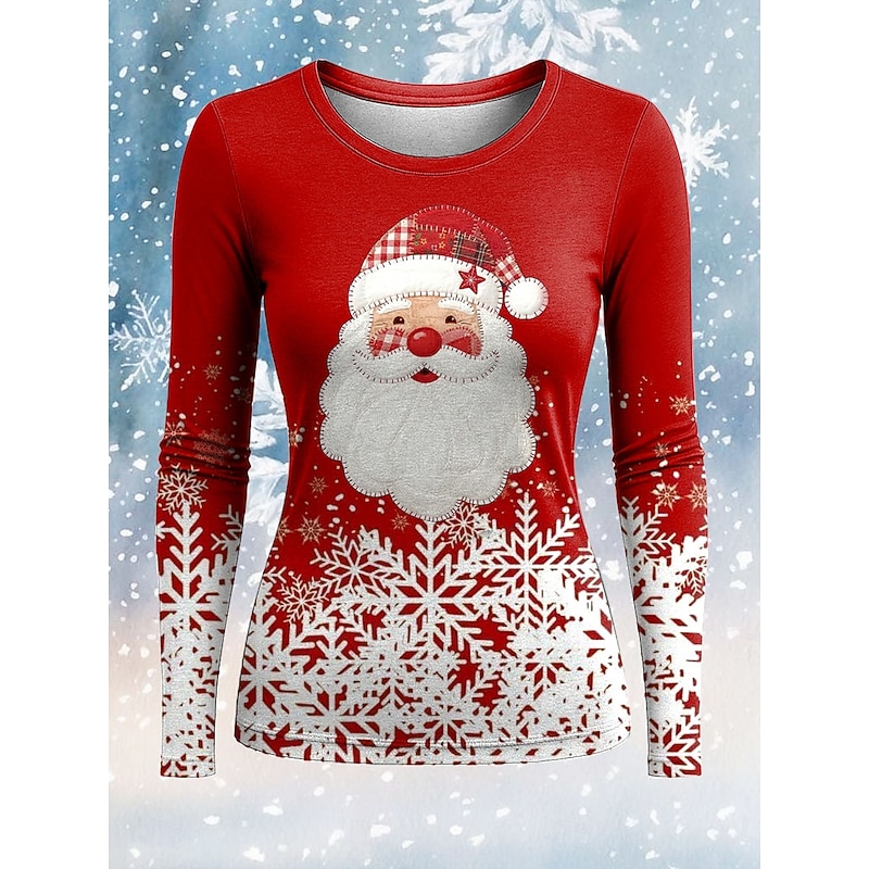 Christmas Women's T Shirt Graphic Santa Claus Fashion Casual Long Sleeve Crew Neck Regular Tops Daily Weekend Print Black White Pink Red Spring Fall Winter