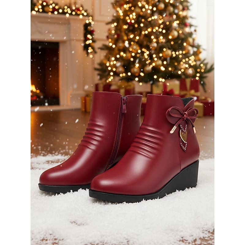 Women's Burgundy Faux Leather Warm Fur Lined Wedge Ankle Boots – Winter Waterproof Non-Slip Booties with Bow for Casual Snow Days ,Work and Outdoor Wear