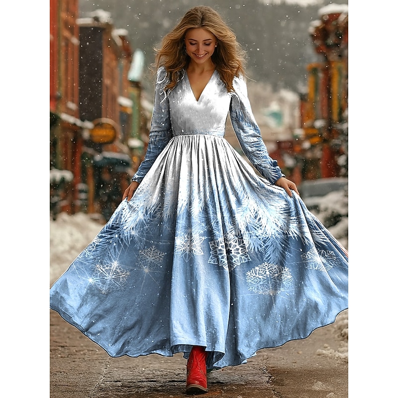 Christmas Women's Maxi Dress Pleated Dress Party Casual Boho Daily Date Going out Regular Fit Snowflake Long Sleeve V Neck Red Blue Fall Winter