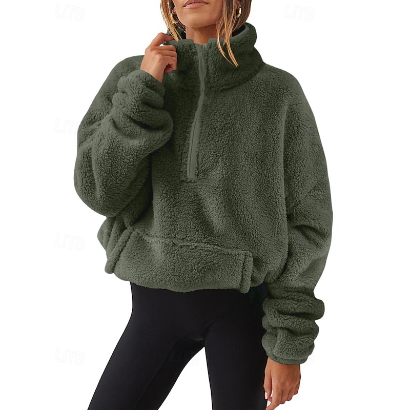 Women's Fleece Lined Pullover Sweatshirt Pajamas Pullover Sweatshirt Plain Casual Long Sleeve Turtleneck Half Zip Regular Tops Street Holiday Going out Half Zipper Quarter Zipper Zipper Pocket White3