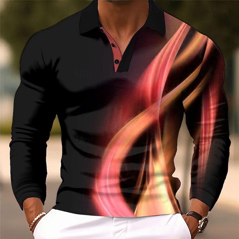 Men's Geometic Line Polo Long Sleeve Polo Shirts Collared Shirts Business Casual Business Athleisure Daily Wear 3D Print Buttons Spring Fall Winter Lake blue Blue Purple4