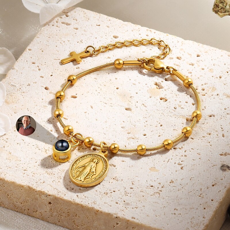 Personalized Photo Virgin Custom Mary Pendant Bracelet – Memorial Gift with Custom Photo Inlay Projection Stone, Fashionable Thanksgiving & Christmas Jewelry for Family and Friends2