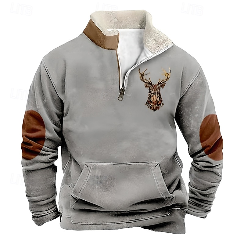 Men's Sweatshirt Fleece Sweatshirt Pullover Quarter Zip Sweatshirt Hunting Sweatshirt Gray Standing Collar Plain Patchwork Sports & Outdoor Casual Daily Streetwear Cool Sportswear Spring &  Fall