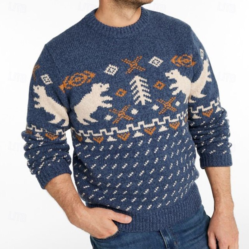 Men's Fair isle Sweater Pullover Sweater Jumper Knitwear Crewneck Casual Vacation Daily 3D Print Keep Warm Long Sleeve Spring Fall Winter Blue - Main Image