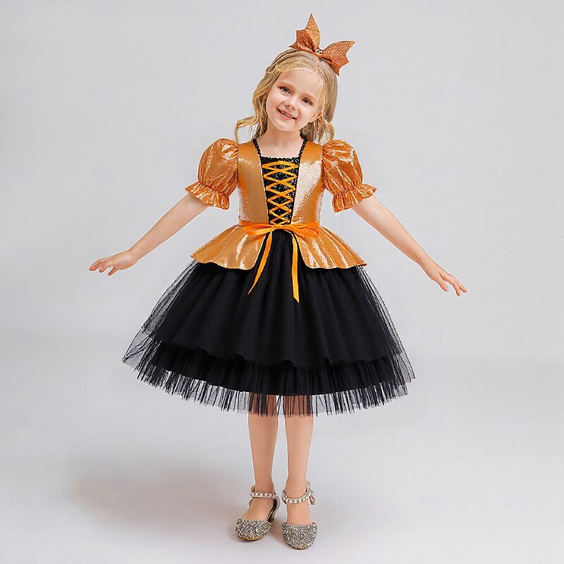 Kids Girls' Party Dress Solid Color Graphic Short Sleeve Special Occasion Halloween Party Halloween Custome Sweet Polyester Summer Spring Fall kids Orange4