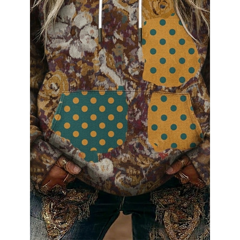 Women's Pullover Hoodies Plaid Color Block Vintage Streetwear Casual Long Sleeve Hooded Regular Tops Dailywear Casual Sports Drawstring Pocket Print Yellow Spring Fall3