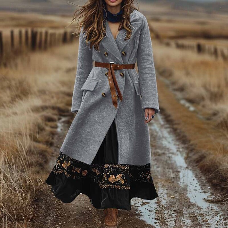 Women's Coat Pea Coat Warm Comfortable Pocket Buttons Boho Vintage Plain Vacation Street Going out Weekend Long Turndown Regular Fit Long Sleeve Outerwear Black Pink Wine Fall Winter2