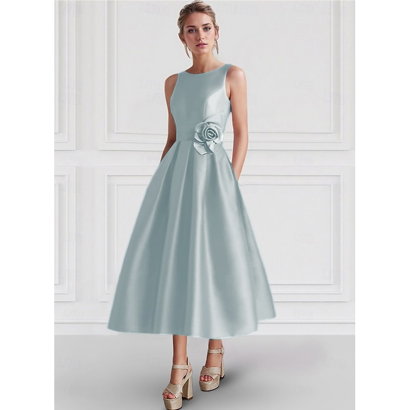 A-Line Cocktail Dresses Elegant Dress Formal Wedding Guest Ankle Length Sleeveless Boat Neck Pocket Satin with Floral Print Pocket Dresses4