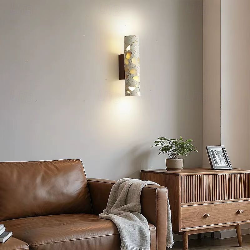 Sintered Stone Beige Wall Light with Wood Cylinder Enclosure Up & Down Light 110-240V2