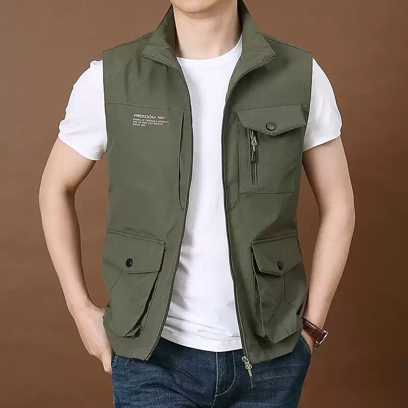 Men's Outdoor Vest Vest Fishing Vest Outdoor Daily Fashion Casual Spring Fall Pocket Nylon Comfortable Letter Zipper Stand Collar Regular Fit Black Royal Blue Khaki Army Green Vest