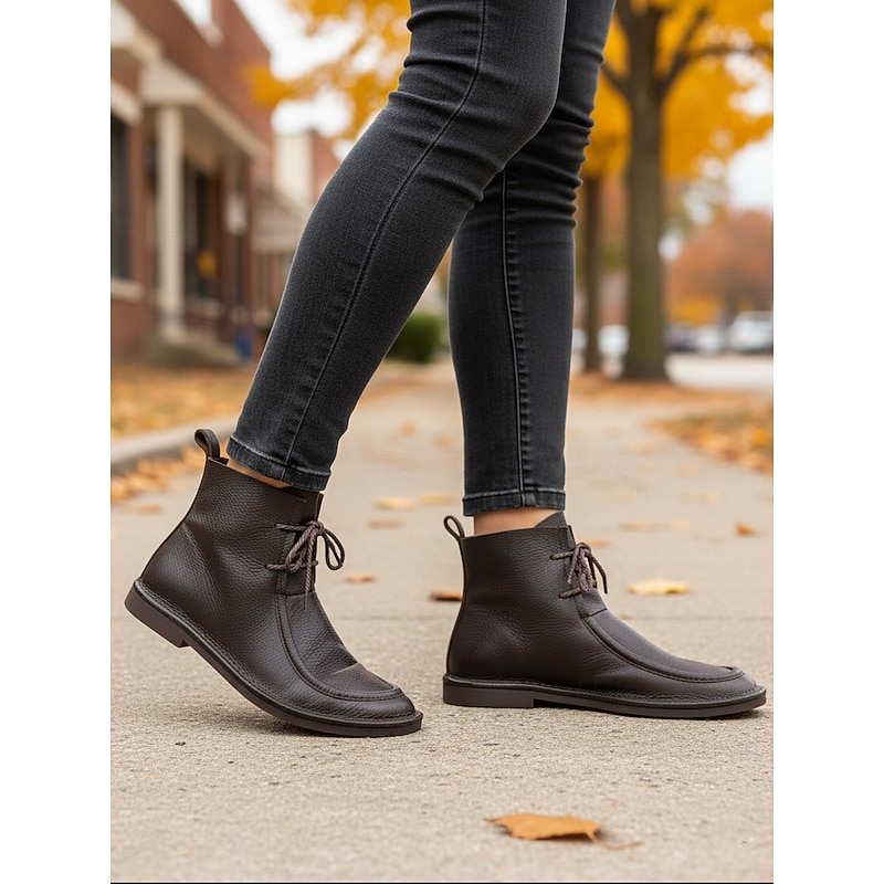 Women's Black Genuine Leather Ankle Boots with Lace Up Design – Casual Durable Cowhide Shoes for Work, Travel and Everyday Outfits4