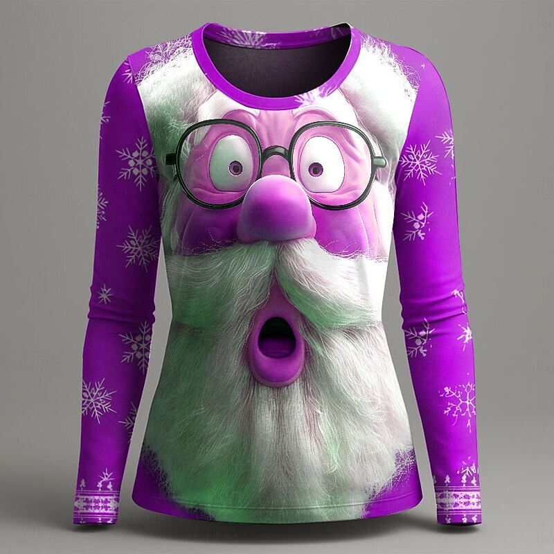 Christmas Women's T Shirt Graphic Santa Claus Fashion Casual Long Sleeve Crew Neck Round Neck Regular Tops Daily Weekend Print Red Blue Purple Green Summer Spring Fall Winter2